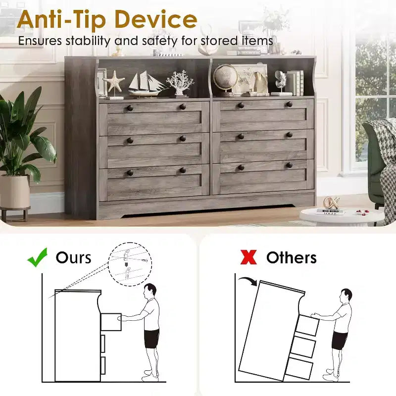 Commode à 6 tiroirs avec LED et multiprise, Commodes et chiffonniers avec armoire de rangement pour chambre, Meuble TV en bois de 55 pouces de large