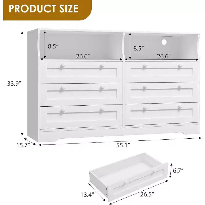 Commode à 6 tiroirs avec LED et multiprise, Commodes et chiffonniers avec armoire de rangement pour chambre, Meuble TV en bois de 55 pouces de large