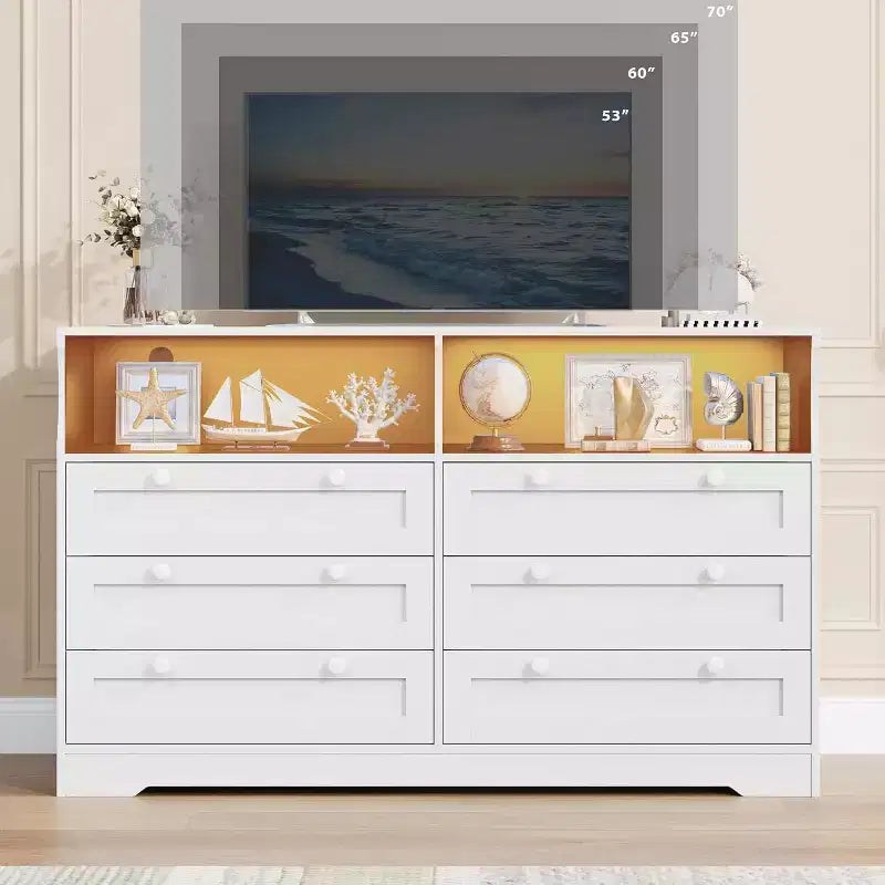 Commode à 6 tiroirs avec LED et multiprise, Commodes et chiffonniers avec armoire de rangement pour chambre, Meuble TV en bois de 55 pouces de large