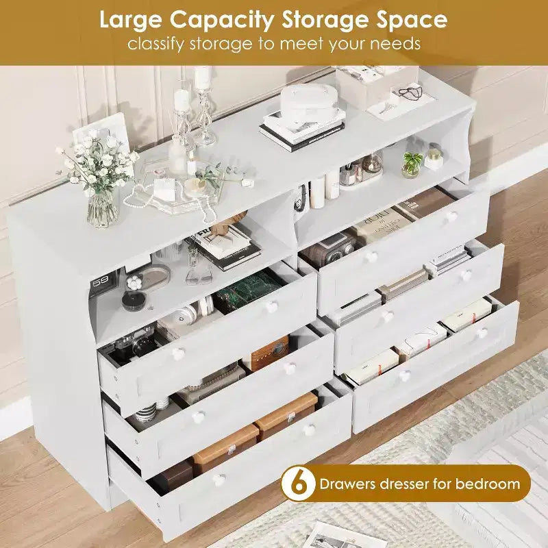 Commode à 6 tiroirs avec LED et multiprise, Commodes et chiffonniers avec armoire de rangement pour chambre, Meuble TV en bois de 55 pouces de large