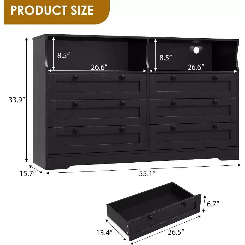 Commode à 6 tiroirs avec LED et multiprise, Commodes et chiffonniers avec armoire de rangement pour chambre, Meuble TV en bois de 55 pouces de large