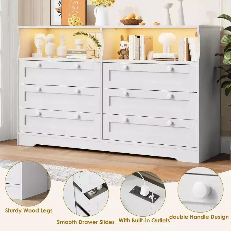 Commode à 6 tiroirs avec LED et multiprise, Commodes et chiffonniers avec armoire de rangement pour chambre, Meuble TV en bois de 55 pouces de large