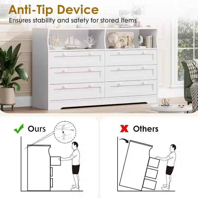 Commode à 6 tiroirs avec LED et multiprise, Commodes et chiffonniers avec armoire de rangement pour chambre, Meuble TV en bois de 55 pouces de large