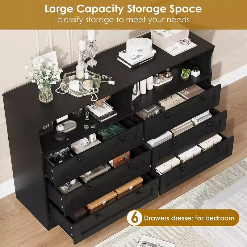 Commode à 6 tiroirs avec LED et multiprise, Commodes et chiffonniers avec armoire de rangement pour chambre, Meuble TV en bois de 55 pouces de large