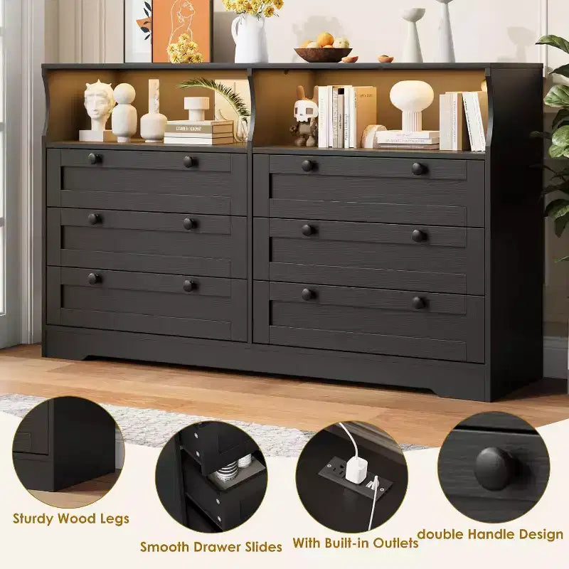 Commode à 6 tiroirs avec LED et multiprise, Commodes et chiffonniers avec armoire de rangement pour chambre, Meuble TV en bois de 55 pouces de large