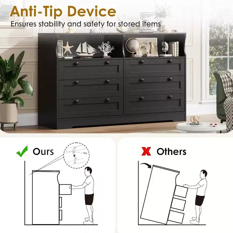 Commode à 6 tiroirs avec LED et multiprise, Commodes et chiffonniers avec armoire de rangement pour chambre, Meuble TV en bois de 55 pouces de large