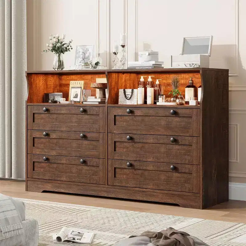 Commode à 6 tiroirs avec LED et multiprise, Commodes et chiffonniers avec armoire de rangement pour chambre, Meuble TV en bois de 55 pouces de large