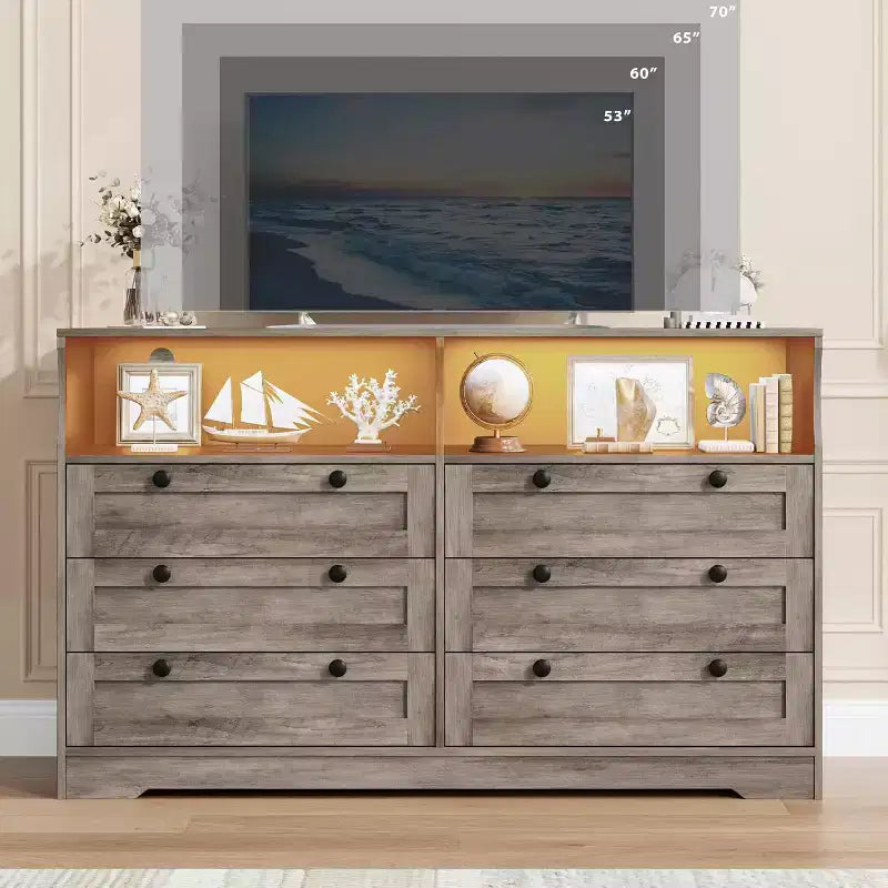 Commode à 6 tiroirs avec LED et multiprise, Commodes et chiffonniers avec armoire de rangement pour chambre, Meuble TV en bois de 55 pouces de large