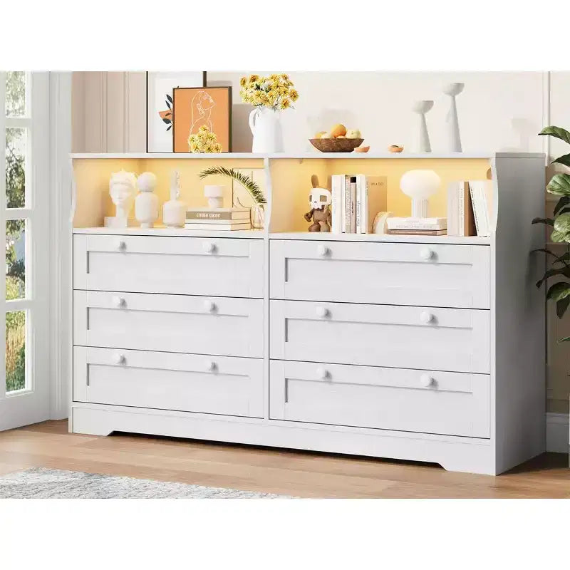Commode à 6 tiroirs avec LED et multiprise, Commodes et chiffonniers avec armoire de rangement pour chambre, Meuble TV en bois de 55 pouces de large