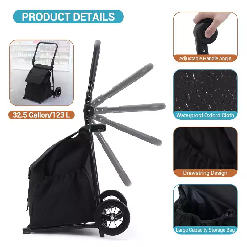 Diable pliable 2-en-1, chariot de courses pliable, chariot de courses robuste et pliable avec sac étanche amovible