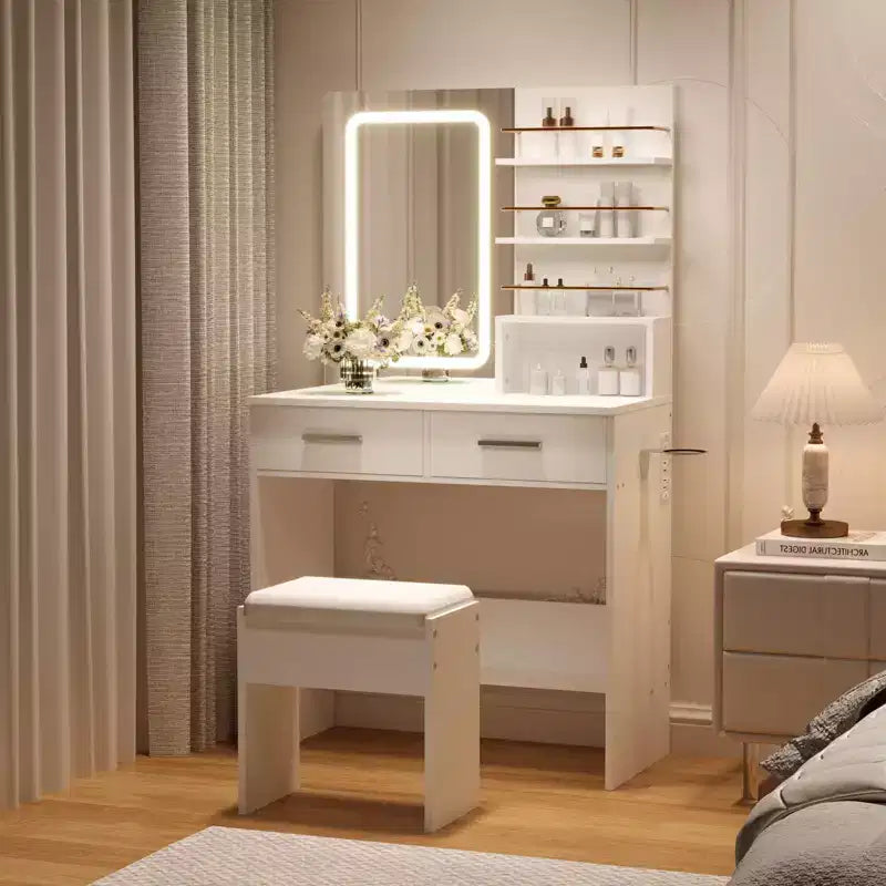 Coiffeuse avec miroir et lumières, table de maquillage de 79 cm de large avec 2 tiroirs et étagères de rangement ouvertes, coiffeuse à luminosité réglable