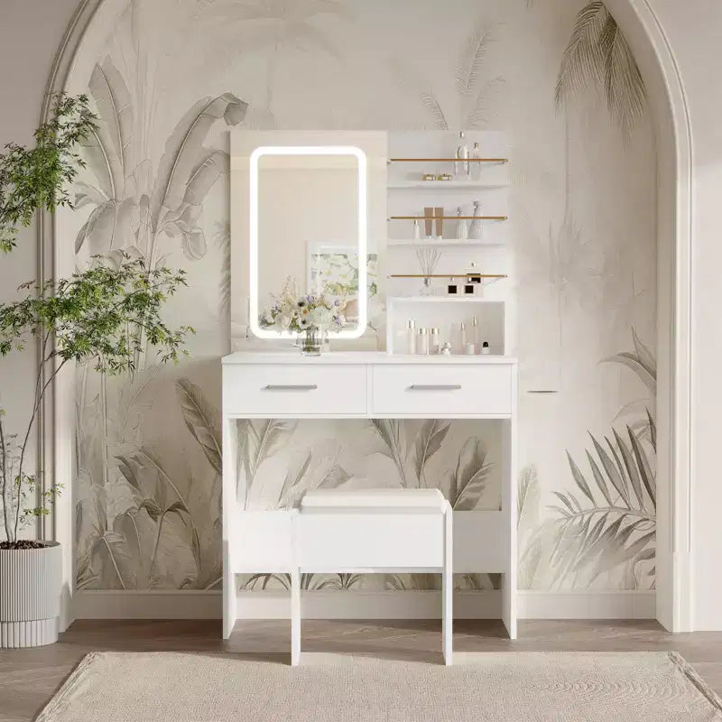 Coiffeuse avec miroir et lumières, table de maquillage de 79 cm de large avec 2 tiroirs et étagères de rangement ouvertes, coiffeuse à luminosité réglable