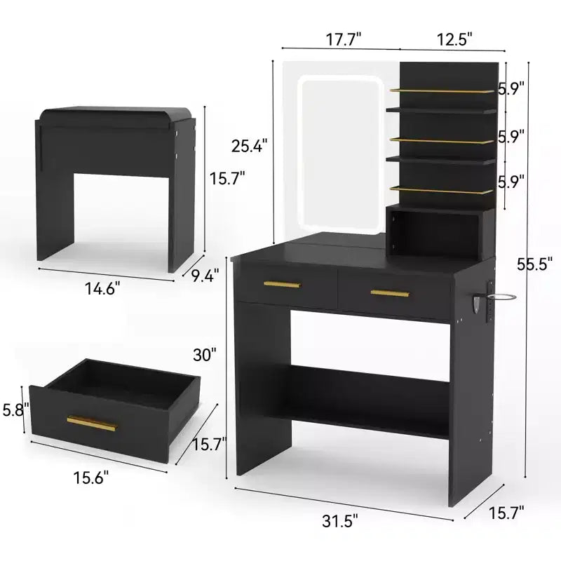 Coiffeuse avec miroir et lumières, table de maquillage de 79 cm de large avec 2 tiroirs et étagères de rangement ouvertes, coiffeuse à luminosité réglable