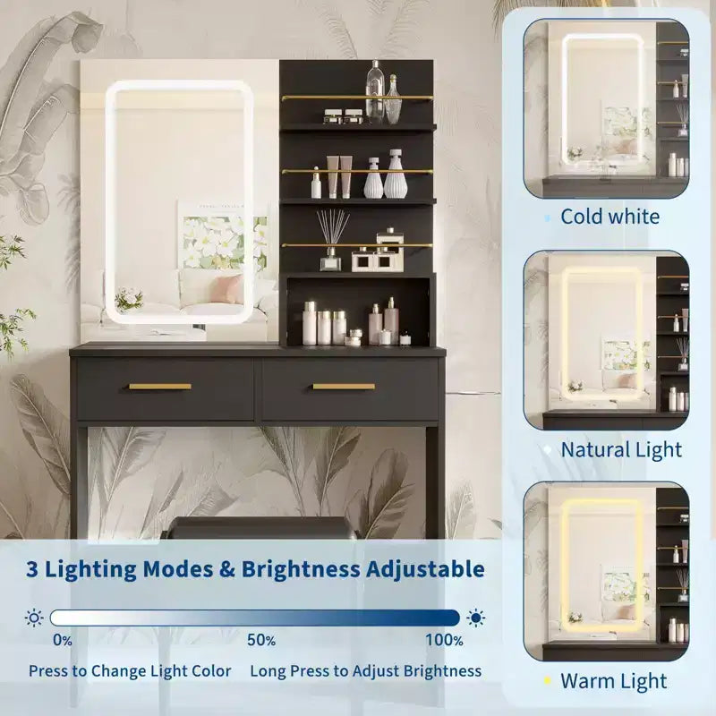 Coiffeuse avec miroir et lumières, table de maquillage de 79 cm de large avec 2 tiroirs et étagères de rangement ouvertes, coiffeuse à luminosité réglable