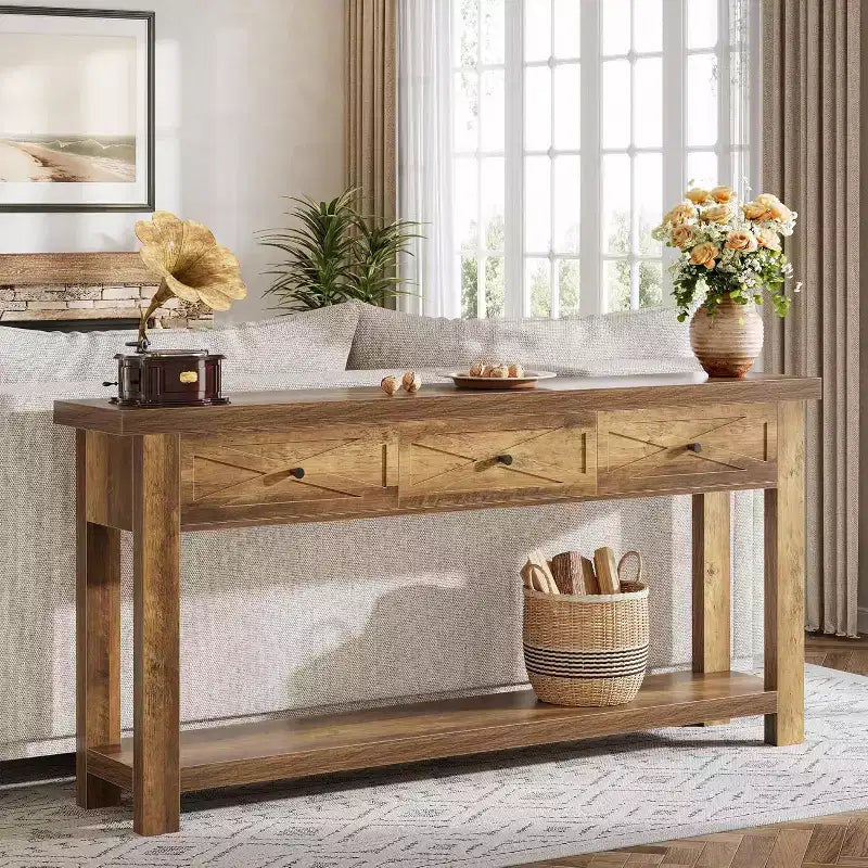 Console 70,9" avec 3 tiroirs, table d'entrée de ferme avec étagère de rangement, table de canapé derrière le canapé pour le couloir, le foyer,