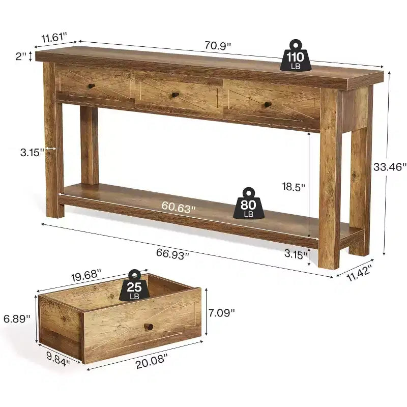 Console 70,9" avec 3 tiroirs, table d'entrée de ferme avec étagère de rangement, table de canapé derrière le canapé pour le couloir, le foyer,