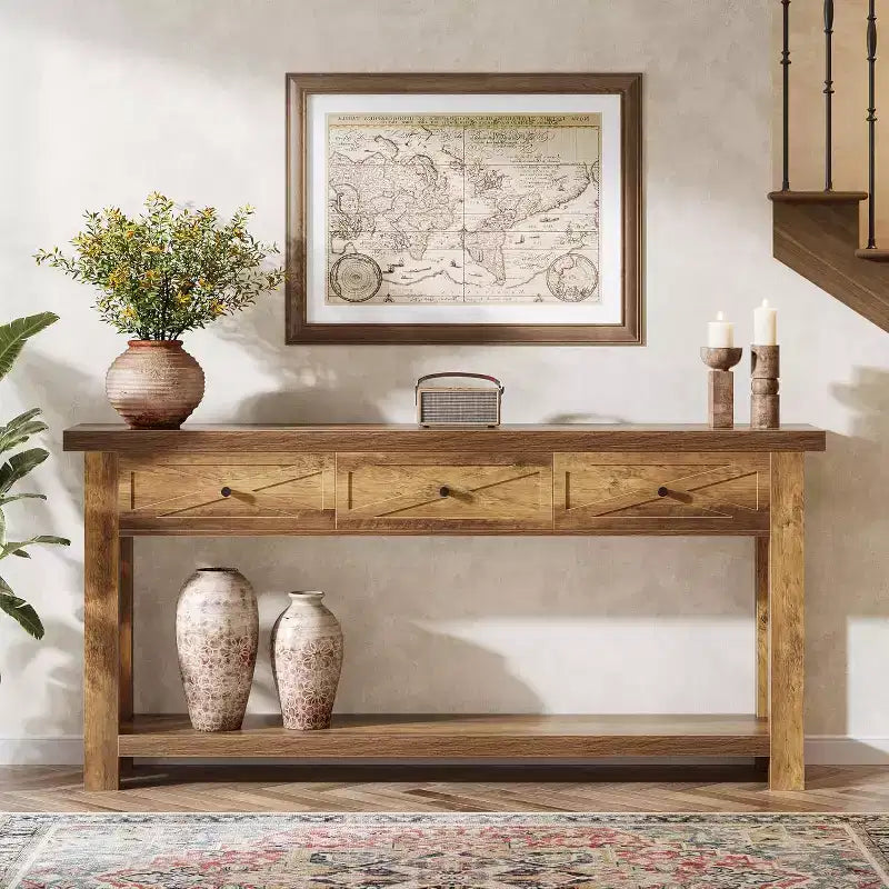Console 70,9" avec 3 tiroirs, table d'entrée de ferme avec étagère de rangement, table de canapé derrière le canapé pour le couloir, le foyer,