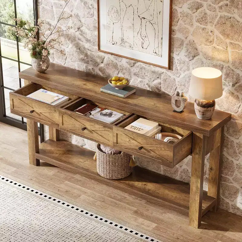 Console 70,9" avec 3 tiroirs, table d'entrée de ferme avec étagère de rangement, table de canapé derrière le canapé pour le couloir, le foyer,