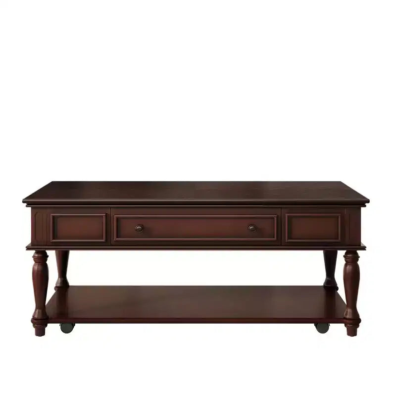 Table basse de ferme avec un tiroir, roulettes verrouillables et pieds en bois massif pour salon, Espresso