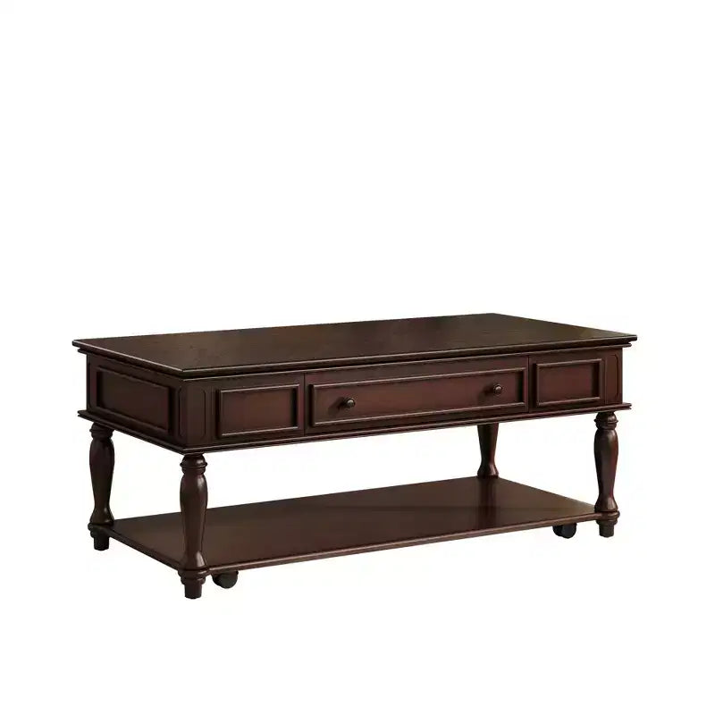 Table basse de ferme avec un tiroir, roulettes verrouillables et pieds en bois massif pour salon, Espresso