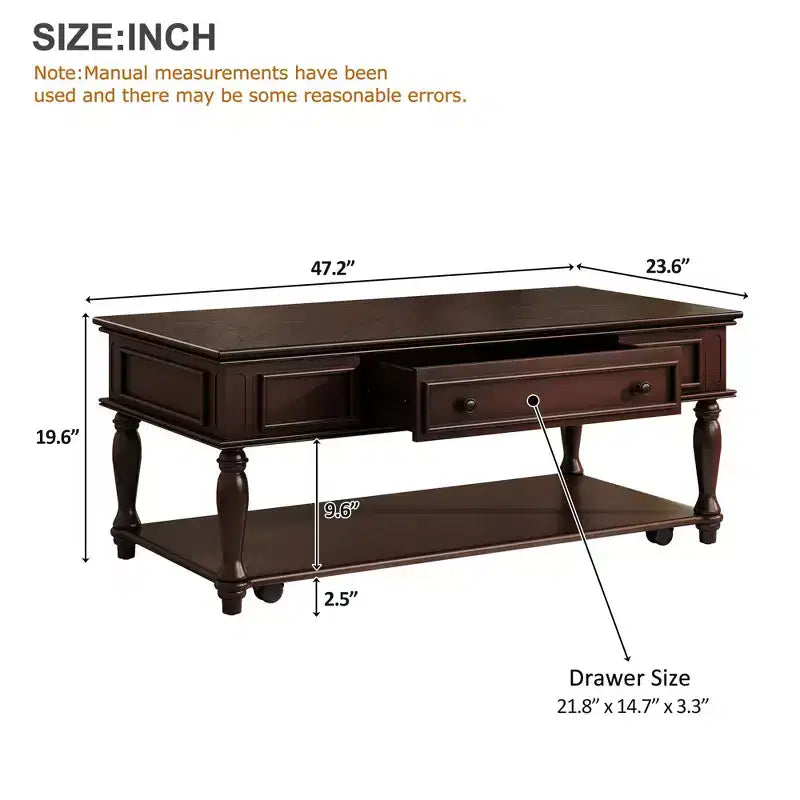 Table basse de ferme avec un tiroir, roulettes verrouillables et pieds en bois massif pour salon, Espresso