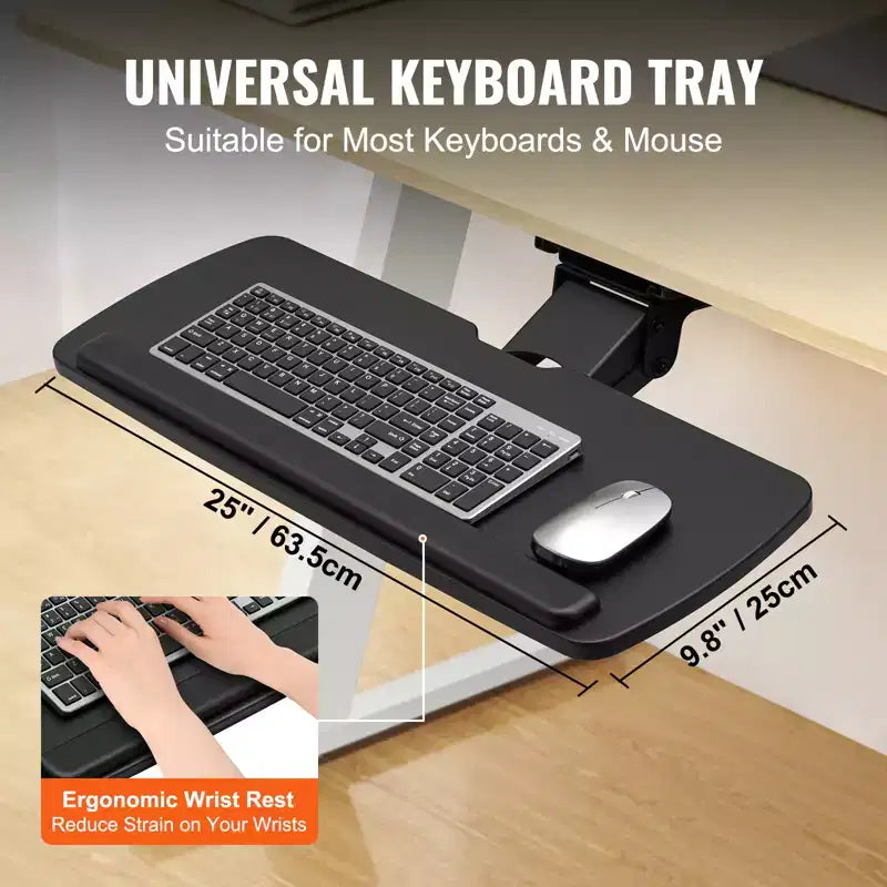 Support de clavier sous le bureau à hauteur réglable, plateau de clavier coulissant sous le bureau réglable en hauteur et en angle, grand support de clavier de 63,5x24,9 cm, noir