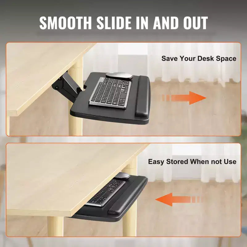 Support de clavier sous le bureau à hauteur réglable, plateau de clavier coulissant sous le bureau réglable en hauteur et en angle, grand support de clavier de 63,5x24,9 cm, noir