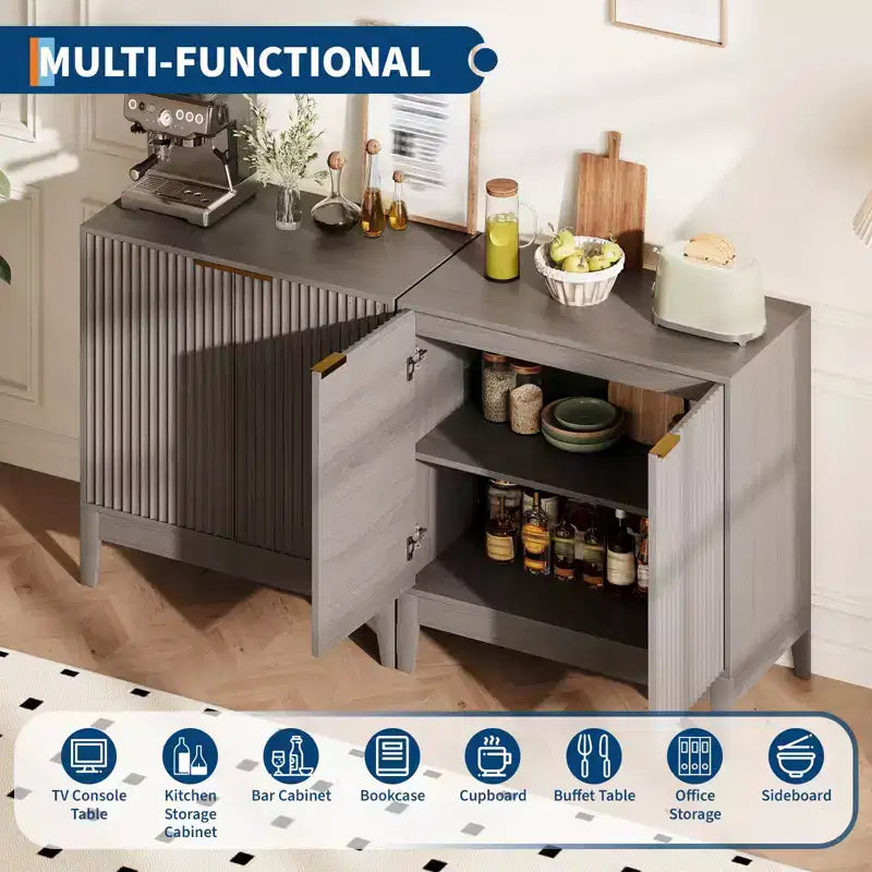 Meuble de rangement à cannelures de 80 cm avec poignées dorées, étagère réglable, crédence finition chêne, buffet moderne pour salle à manger et cuisine