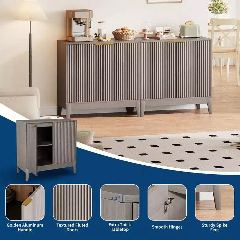 Meuble de rangement à cannelures de 80 cm avec poignées dorées, étagère réglable, crédence finition chêne, buffet moderne pour salle à manger et cuisine