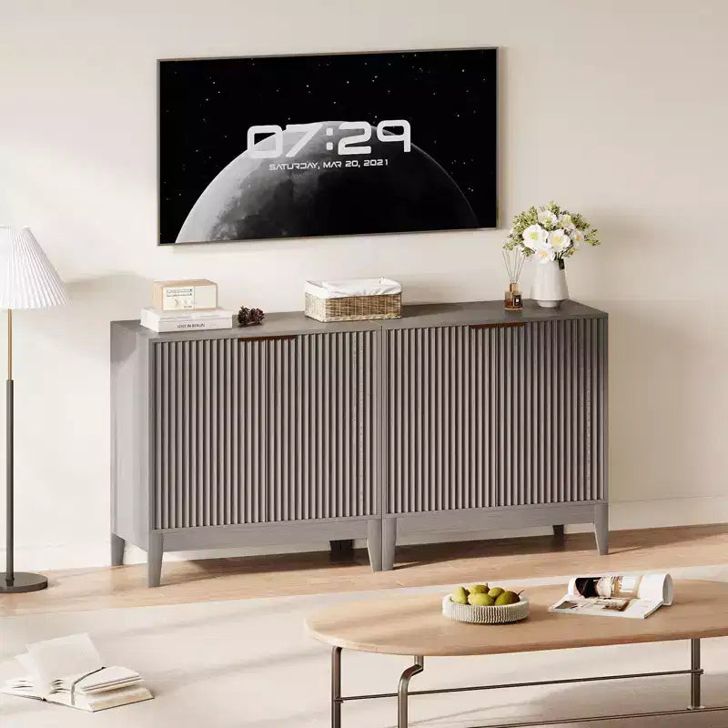 Meuble de rangement à cannelures de 80 cm avec poignées dorées, étagère réglable, crédence finition chêne, buffet moderne pour salle à manger et cuisine