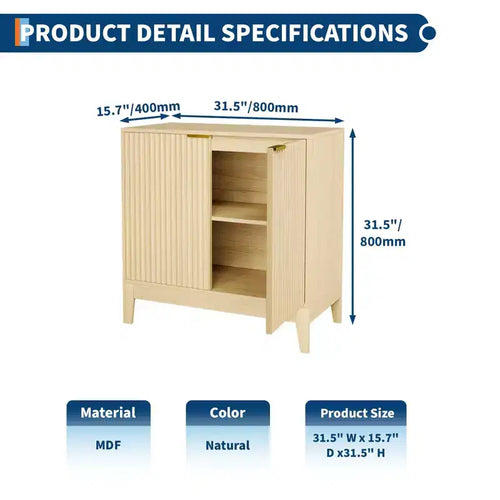 Meuble de rangement à cannelures de 80 cm avec poignées dorées, étagère réglable, crédence finition chêne, buffet moderne pour salle à manger et cuisine