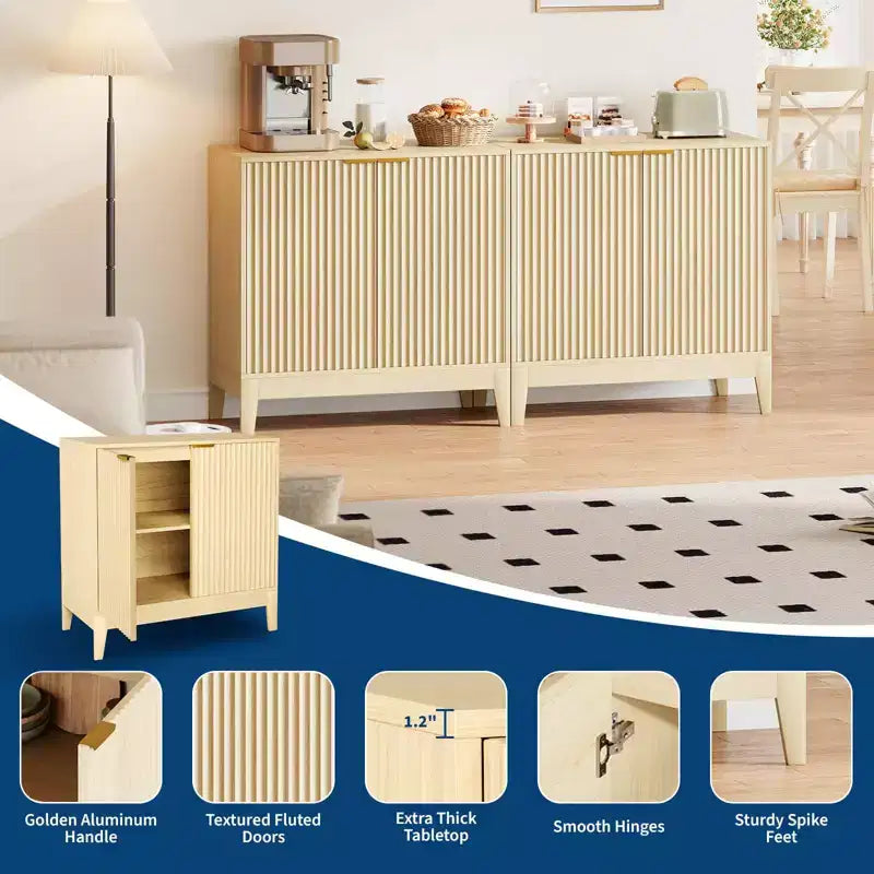 Meuble de rangement à cannelures de 80 cm avec poignées dorées, étagère réglable, crédence finition chêne, buffet moderne pour salle à manger et cuisine