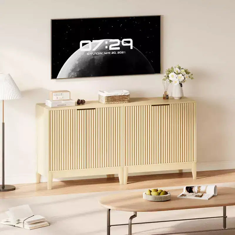 Meuble de rangement à cannelures de 80 cm avec poignées dorées, étagère réglable, crédence finition chêne, buffet moderne pour salle à manger et cuisine