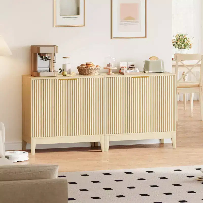 Meuble de rangement à cannelures de 80 cm avec poignées dorées, étagère réglable, crédence finition chêne, buffet moderne pour salle à manger et cuisine