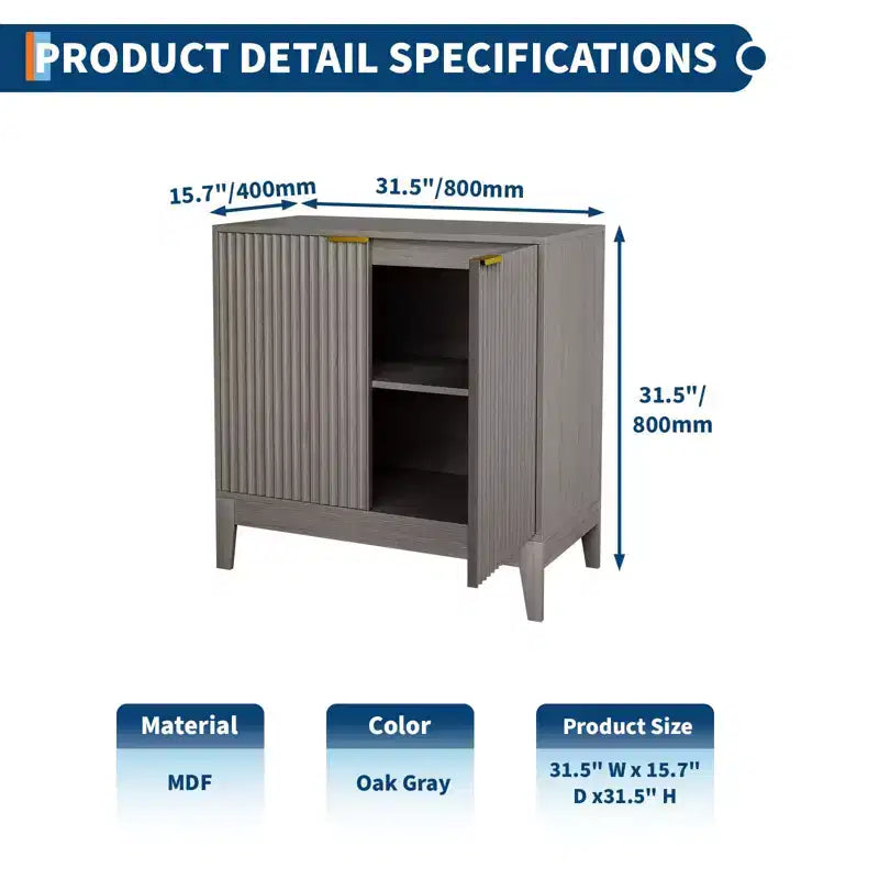 Meuble de rangement à cannelures de 80 cm avec poignées dorées, étagère réglable, crédence finition chêne, buffet moderne pour salle à manger et cuisine