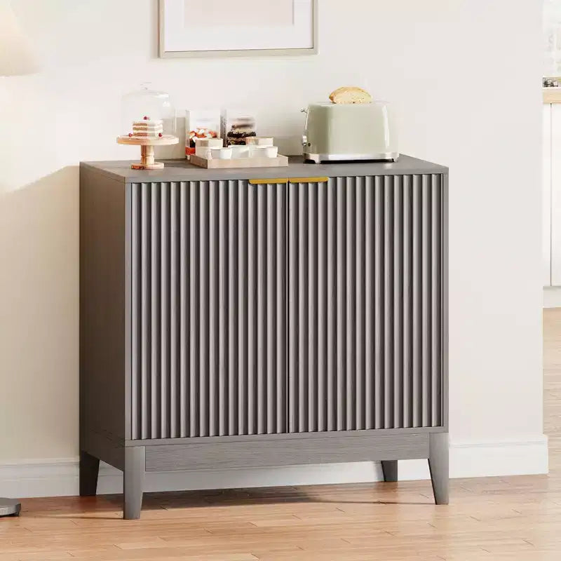 Meuble de rangement à cannelures de 80 cm avec poignées dorées, étagère réglable, crédence finition chêne, buffet moderne pour salle à manger et cuisine