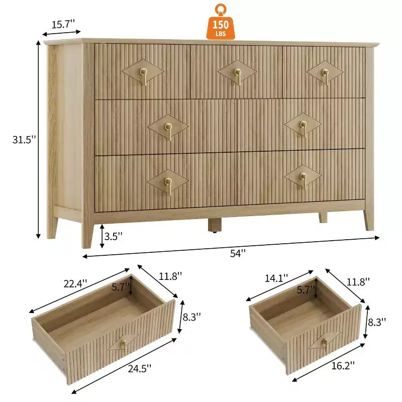 Commode de chambre à 7 tiroirs, commode en bois de 54 po de large avec poignées métalliques, organisateur de rangement pour vêtements cannelé, meuble TV de commode pour couloir