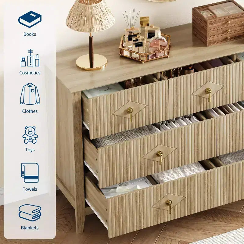 Commode de chambre à 7 tiroirs, commode en bois de 54 po de large avec poignées métalliques, organisateur de rangement pour vêtements cannelé, meuble TV de commode pour couloir