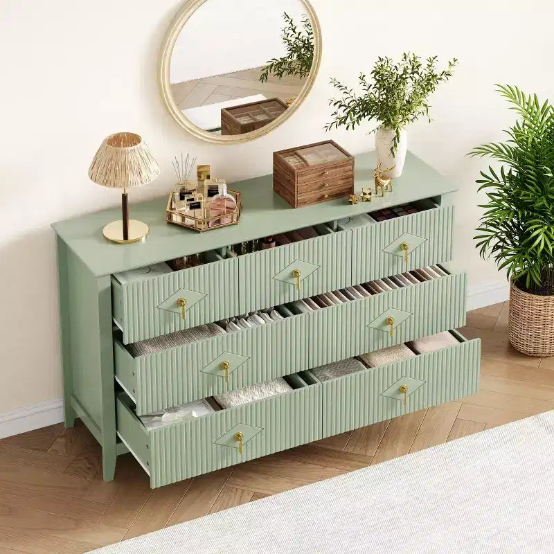 Commode de chambre à 7 tiroirs, commode en bois de 54 po de large avec poignées métalliques, organisateur de rangement pour vêtements cannelé, meuble TV de commode pour couloir