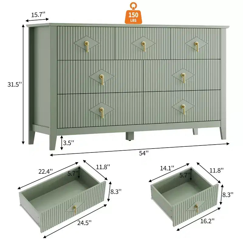 Commode de chambre à 7 tiroirs, commode en bois de 54 po de large avec poignées métalliques, organisateur de rangement pour vêtements cannelé, meuble TV de commode pour couloir