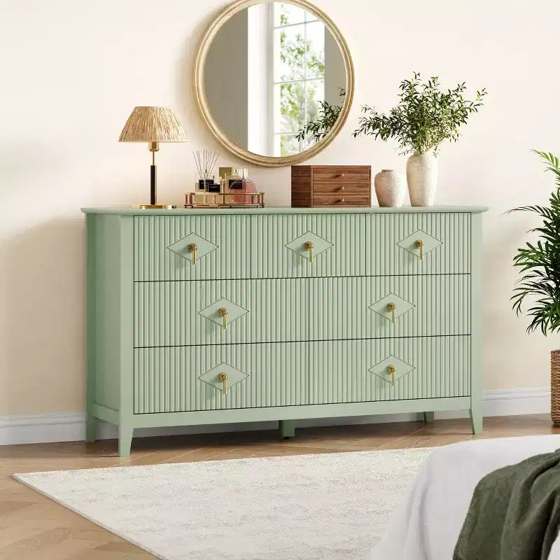 Commode de chambre à 7 tiroirs, commode en bois de 54 po de large avec poignées métalliques, organisateur de rangement pour vêtements cannelé, meuble TV de commode pour couloir