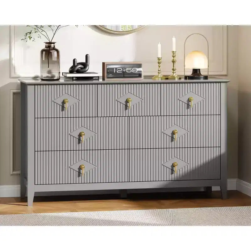Commode de chambre à 7 tiroirs, commode en bois de 54 po de large avec poignées métalliques, organisateur de rangement pour vêtements cannelé, meuble TV de commode pour couloir