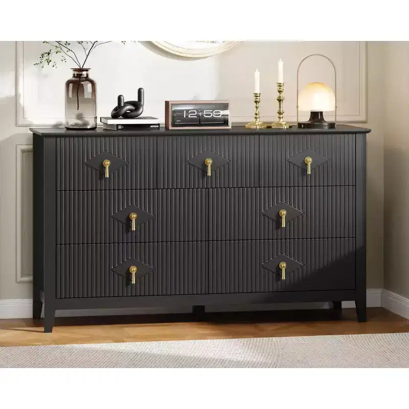 Commode de chambre à 7 tiroirs, commode en bois de 54 po de large avec poignées métalliques, organisateur de rangement pour vêtements cannelé, meuble TV de commode pour couloir