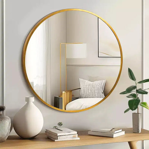 Miroir suspendu rond 20x20x1in en alliage d'aluminium à bords fins doré