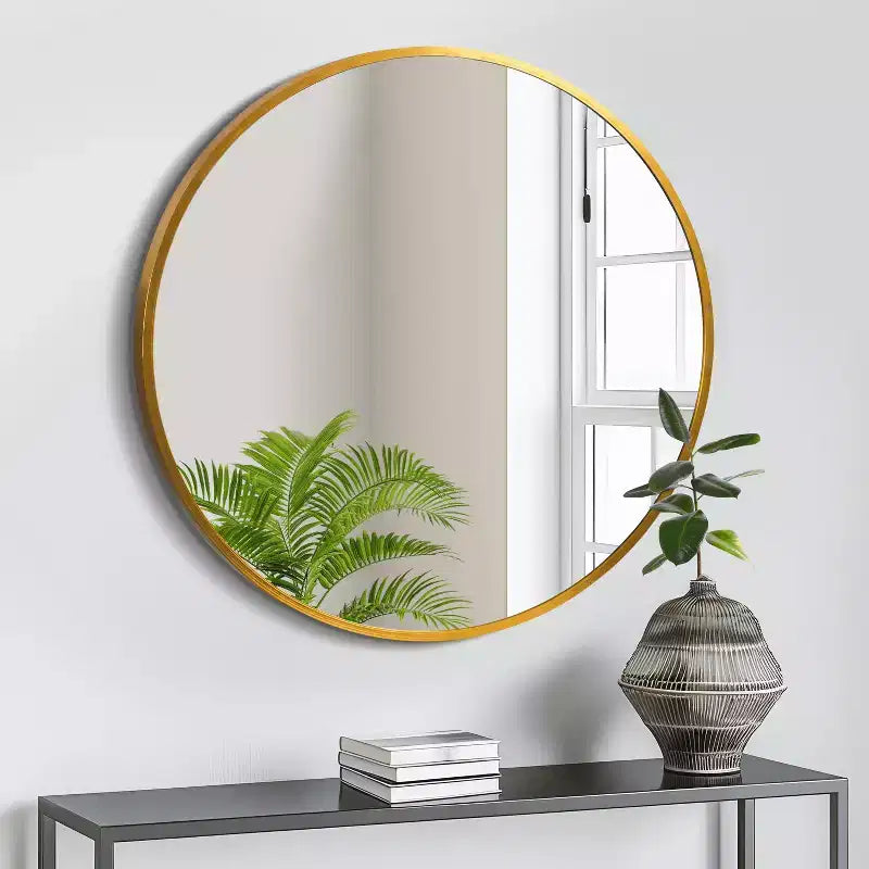 Miroir suspendu rond 20x20x1in en alliage d'aluminium à bords fins doré
