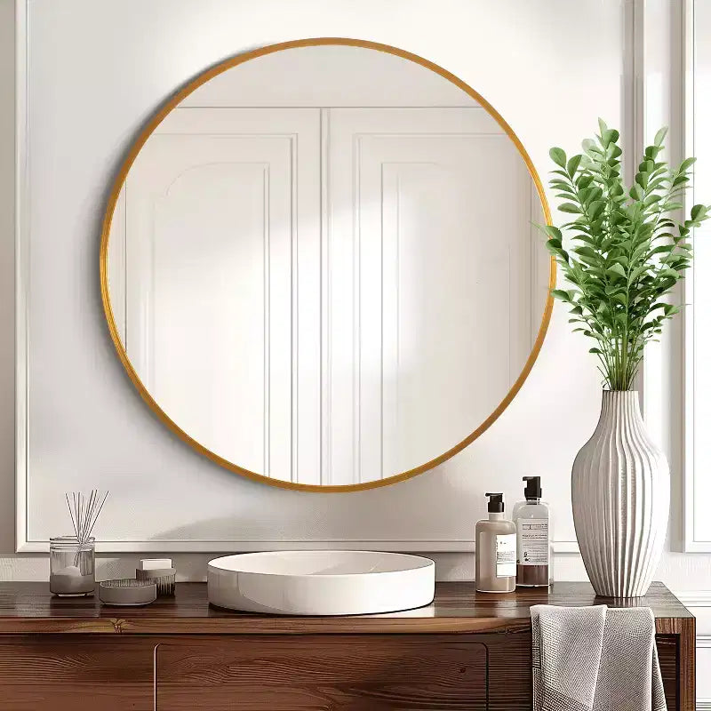 Miroir suspendu rond 20x20x1in en alliage d'aluminium à bords fins doré