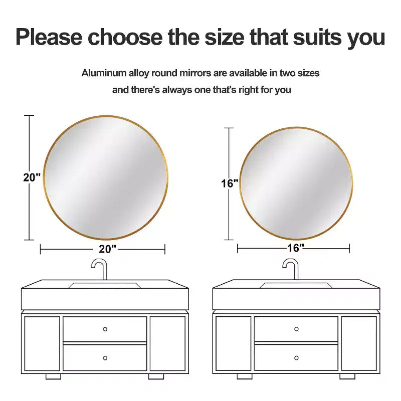 Miroir suspendu rond 20x20x1in en alliage d'aluminium à bords fins doré
