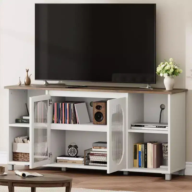 Meuble TV moderne pour téléviseurs de 60/65/70 pouces, meuble console média avec 2 portes en verre ondulé, 4 étagères ouvertes, centre de divertissement avec rangement