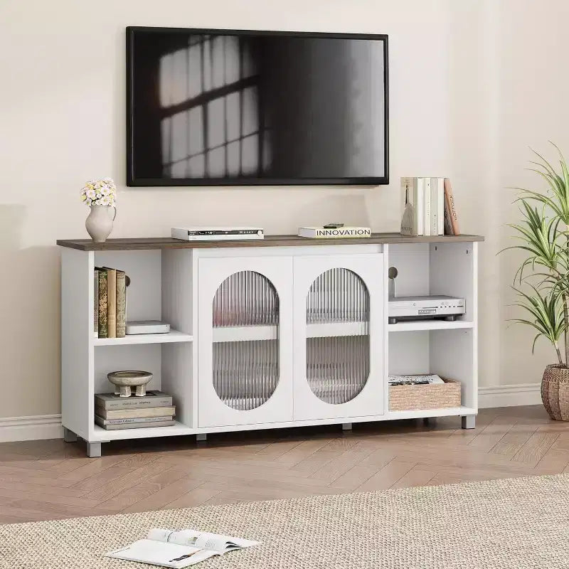 Meuble TV moderne pour téléviseurs de 60/65/70 pouces, meuble console média avec 2 portes en verre ondulé, 4 étagères ouvertes, centre de divertissement avec rangement