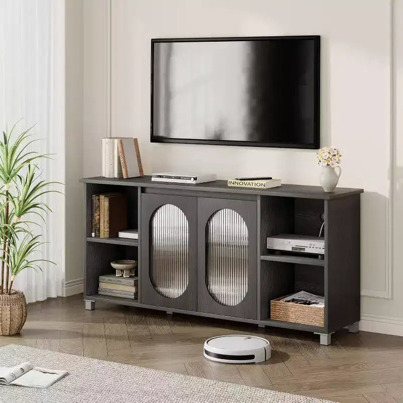 Meuble TV moderne pour téléviseurs de 60/65/70 pouces, meuble console média avec 2 portes en verre ondulé, 4 étagères ouvertes, centre de divertissement avec rangement